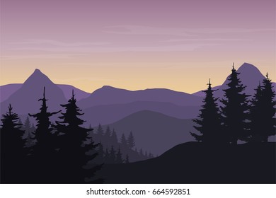 Vector illustration of a mountain landscape with a hill and forest under a morning purple sky with clouds