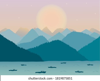Vector illustration of mountain landscape with a lake during the sunset that can be used in advertising, as banner, background, wallpaper, for postcards, web design or print