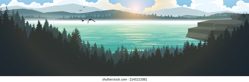 Vector illustration of a mountain landscape. Lake with mountains, pine forest in fog. Mountain scenery in the morning and evening.