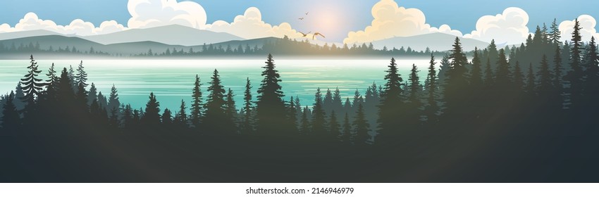 Ilustración vectorial de un paisaje montañoso y un lago montañoso en la niebla.