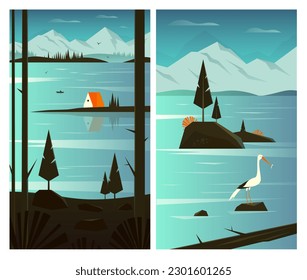 Vector illustration of a mountain landscape. Lake with mountains and forest. A small house on an island and a fishing boat. Scenery in the morning and evening.