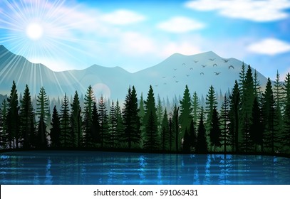 Vector illustration of Mountain landscape with lake background