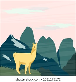 vector illustration of a mountain landscape with a lama,cartoon animal.