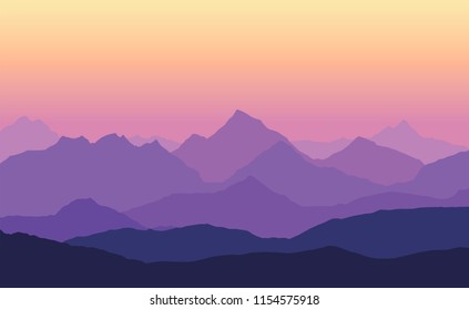 Vector illustration of mountain landscape with multiple layers, fog and yellow purple sky - with space for text