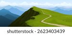 Vector illustration of a mountain landscape with a narrow hiking trail leading to the summit. Summer day, clear sky, distant mountain ranges. Concept of travel, mountain hiking and outdoor activities.