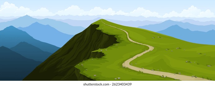 Vector illustration of a mountain landscape with a narrow hiking trail leading to the summit. Summer day, clear sky, distant mountain ranges. Concept of travel, mountain hiking and outdoor activities.