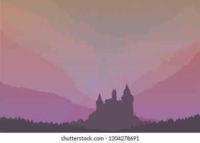 vector illustration of mountain landscape and old castle