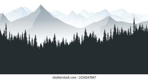 Vector illustration of a mountain landscape and pine trees in the morning or evening.
