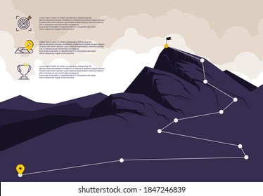 Vector illustration of the mountain landscape, with points for climbing to the top, icons for planning mountain climbing with a description