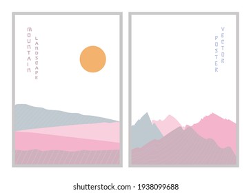 Vector illustration mountain landscape poster. Geometric landscape background in asian japanese style. Abstract symbol for print, poster, sticker, card design. 