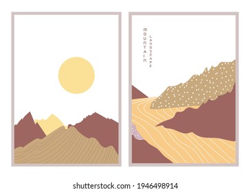 Carteles de paisajes montañosos ilustrados por vectores. Antecedentes geométricos al estilo japonés asiático. Símbolo abstracto para impresión, afiche, arte mural, diseño de tarjeta. 