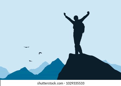 Vector illustration of a mountain landscape with a realistic silhouette of a climber at the top of a rock with a winning gesture under a blue sky with flying birds