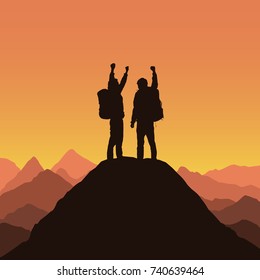 Vector illustration of a mountain landscape with realistic silhouettes of two mountain climbers on the top of a mountain with victorious gesture under an orange sky with dawn sky