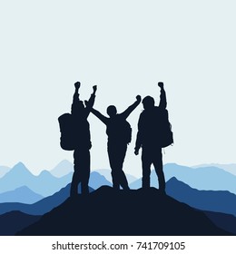 Vector illustration of a mountain landscape with realistic silhouettes of three mountain climbers on the top of a mountain with victorious gesture under an blue sky with fog