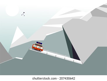 Vector illustration of mountain landscape with red bus. 