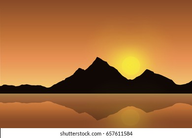 Vector illustration of a mountain landscape reflected in the sea surface under an orange sky with the rising sun