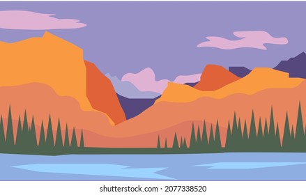 Ilustración vectorial de un paisaje montañoso con un río o un mar y un bosque