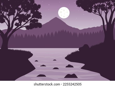 Vector illustration of a mountain landscape with a river and a forest at night