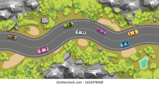 Vector illustration. Mountain landscape with road. (Top view) Mountains, hills, trees, road. (View from above) 