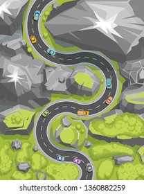 Vector illustration. Mountain landscape with serpentine road. (Top view)
Mountains, hills, trees, road, cars. (View from above)