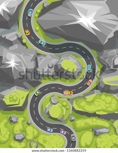 Vector illustration. Mountain landscape with\
serpentine road. (Top view)\
Mountains, hills, trees, road, cars.\
(View from above)