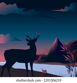 Vector illustration - Mountain landscape silhouette with Reinder in a forest nature. art. river. background