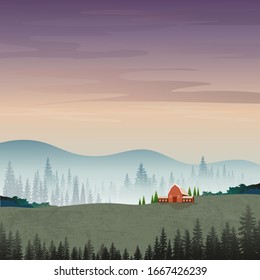 Vektorillustration-Illustration der Berglandschaft mit Silhouetten von mistigen Kiefern in Wäldern mit Sonnenaufgang, friedvolles Panorama im minimalistischen Stil, Naturhintergrund