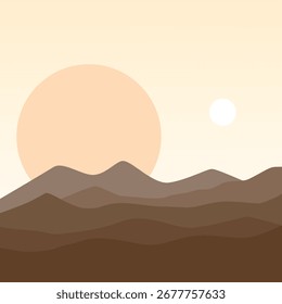  Ilustración vectorial de un paisaje montañoso con siluetas montañosas y una cálida puesta de sol.