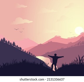 Vektorgrafik-Berglandschaft. jemand spricht mit der Natur