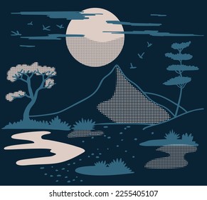 Vector illustration of a mountain landscape in the style of minimalistic. Design for flyer or presentation, card, wallpaper.