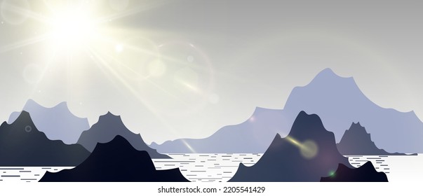 Vector illustration of a mountain landscape with sun. Sunrise and sunset in the mountains.