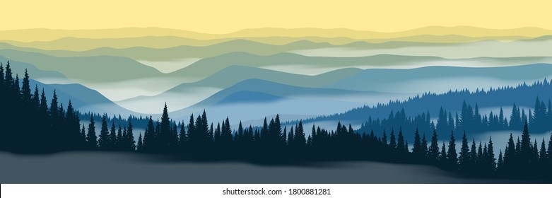 Vector illustration of mountain landscape. Sunrise in mountain forest with fog. Beautiful panoramic landscape.