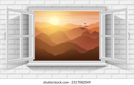 Vector illustration of mountain landscape with sunrise in morning through view of open window.