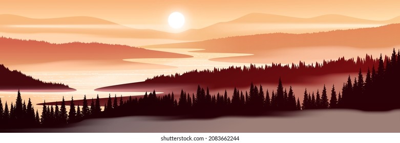 Vector illustration of mountain landscape at sunset. Forest and mountains in fog. 