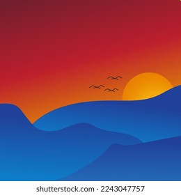 Vector illustration of mountain landscape with sunset