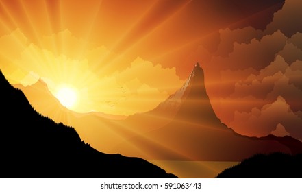 Vector Illustration Of Mountain Landscape At Sunset