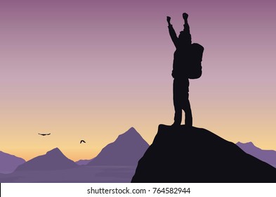 Vector illustration of a mountain landscape with a tourist on top of rock celebrating success with raised hands