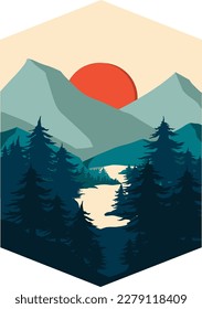 Vector illustration. Mountain landscape with trees. Seamless mountains background. Outdoor and hiking concept.