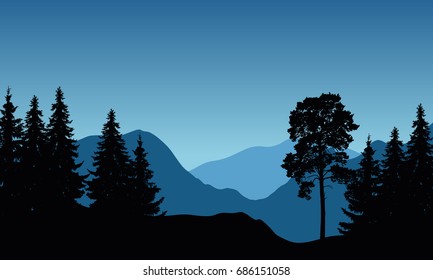 Vector illustration of a mountain landscape with trees under a blue winter sky