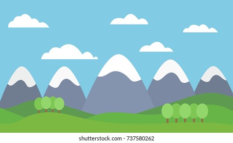 Vector illustration of a mountain landscape with trees and grass with mountain peaks covered with snow under a blue sky with clouds - flat design