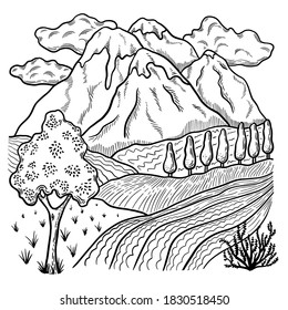 Vector illustration with a mountain landscape. Views of nature with mountains, trees and fields in the style of the sketch. For banners, posters, postcards, etc.