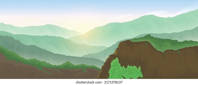 ilustración vectorial del paisaje montañoso y luz solar cálida