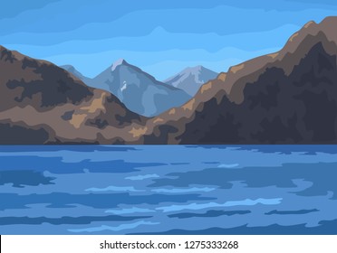 Vector illustration of mountain landscape. Wild nature. Mountain lake. 