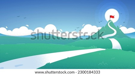Vector illustration of a mountain landscape and a winding road. A mountain with a flag on top symbolizes the problems and obstacles that must be overcome in order to achieve one's goals. 