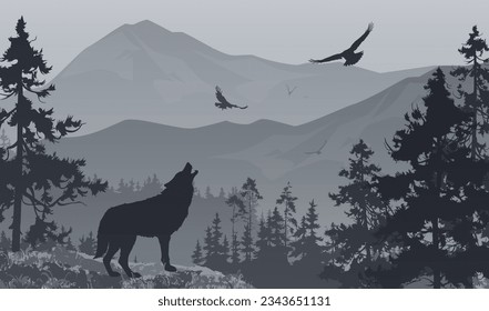 Vector illustration - mountain landscape with a wolf and flying birds.