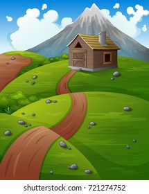 Vector illustration of Mountain landscape with wooden cabin at the hills