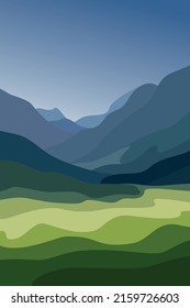 Vector illustration. A mountain landscapes in a flat style. Natural wallpapers. Geometric minimalist, polygonal concept. Sunrise, misty terrain with slopes, mountains near the forest. Clear sky