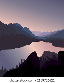 Vector illustration. A mountain landscapes in a flat style. Natural wallpapers. Geometric minimalist, polygonal concept. Sunrise, misty terrain with slopes, mountains near the forest. Clear sky