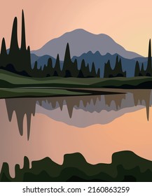 Vector illustration. A mountain landscapes in a flat style. Natural wallpapers. Geometric minimalist, polygonal concept. Sunrise, misty terrain with slopes, mountains near the forest. Clear sky