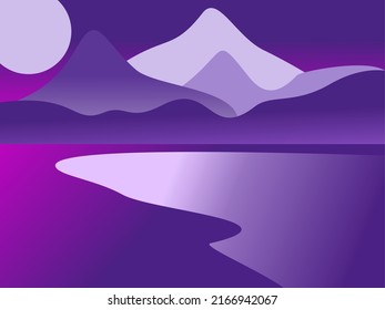Ilustración vectorial. de paisajes de montaña en un estilo plano. Papeles naturales. Mínimos orgánicos. Amanecer, terreno mojado con pendientes, montañas cerca del bosque. Cielo claro